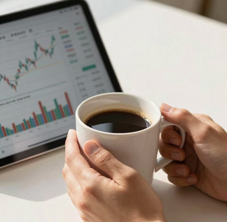 A close-up of hands holding a warm coffee mug next to a tablet screen displaying clear financial charts, bright natural daylight