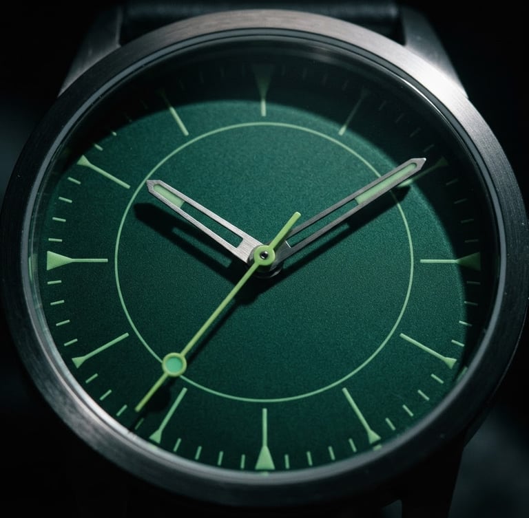 Stark close-up of an analog clock face with sharp shadows, high-contrast studio lighting, deep emerald green accents, minimalist athletic-academic aesthetic, 35mm lens, crisp shadows