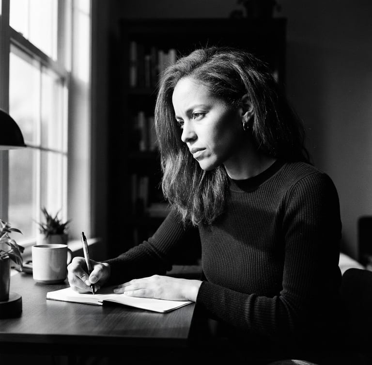 High-contrast black and white portrait of a focused woman in her thirties, sharp morning window light, dramatic shadows, minimalist study space, 35mm lens.