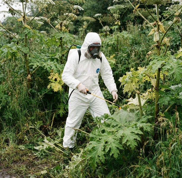 Documentary outdoor photography of a professional technician in a white protective hazmat suit and respirator spraying chemical treatments on giant hogweed plants in a dense field, sharp overcast daylight, high contrast, 35mm lens