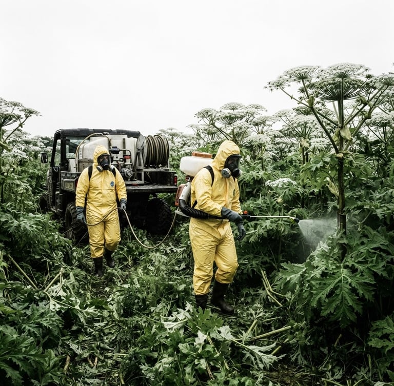 Professional crew in full protective hazmat gear operating heavy agricultural spraying equipment in a field of giant hogweed, sharp overcast daylight, high contrast, documentary outdoor photography, 35mm lens