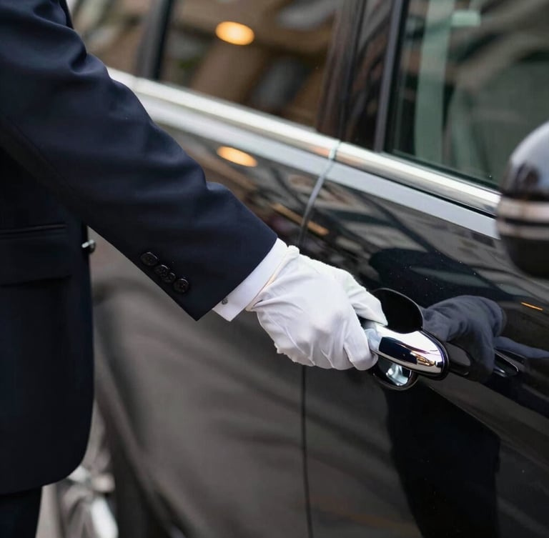 Close-up of a professional chauffeur in a dark tailored suit and white gloves opening the door of a black Mercedes-Benz V-Klasse, soft ambient streetlights reflecting on the polished chrome handle