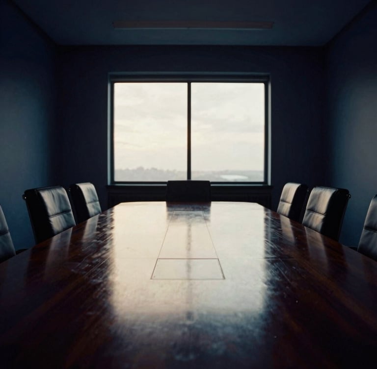 Sober editorial photography of an empty high-end boardroom, dramatic window light reflecting off a polished dark wood table, deep navy tones, cinematic 35mm composition.