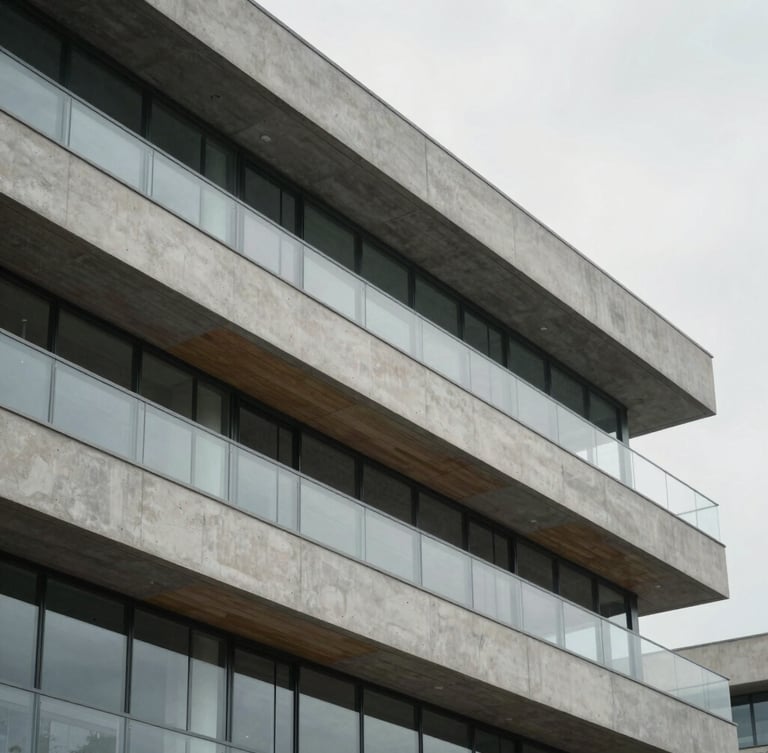 Architectural close-up of a modern concrete and glass facade, soft overcast daylight, muted slate tones, clean geometric lines, 35mm lens, shallow depth of field