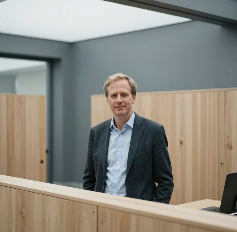 Environmental portrait of Jan Kohlhase in a structured architectural office, natural overcast light, soft shadows, professional look