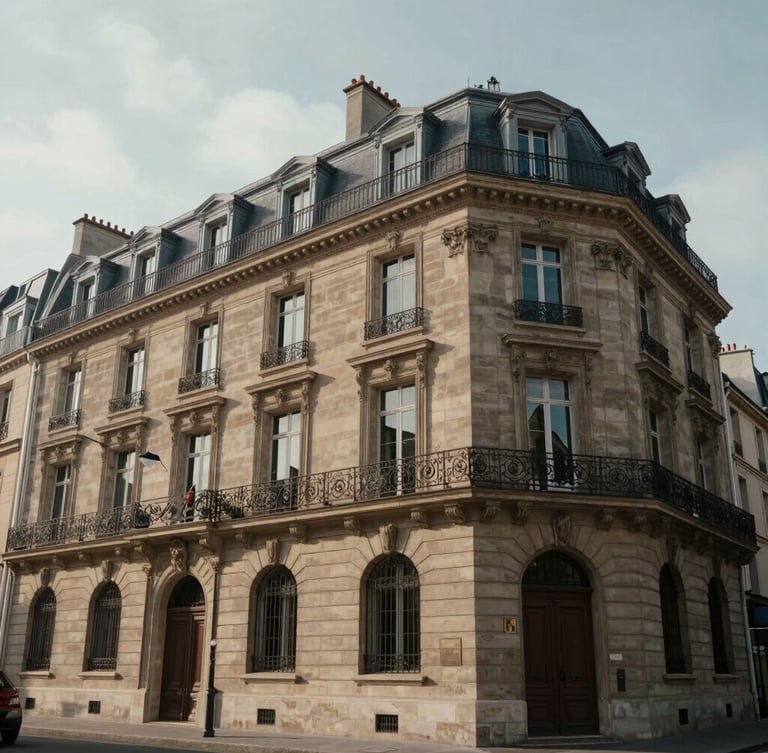 Architectural wide angle of a Haussmannian facade in Paris, soft diffused natural daylight, deep shadows, elegant stone textures