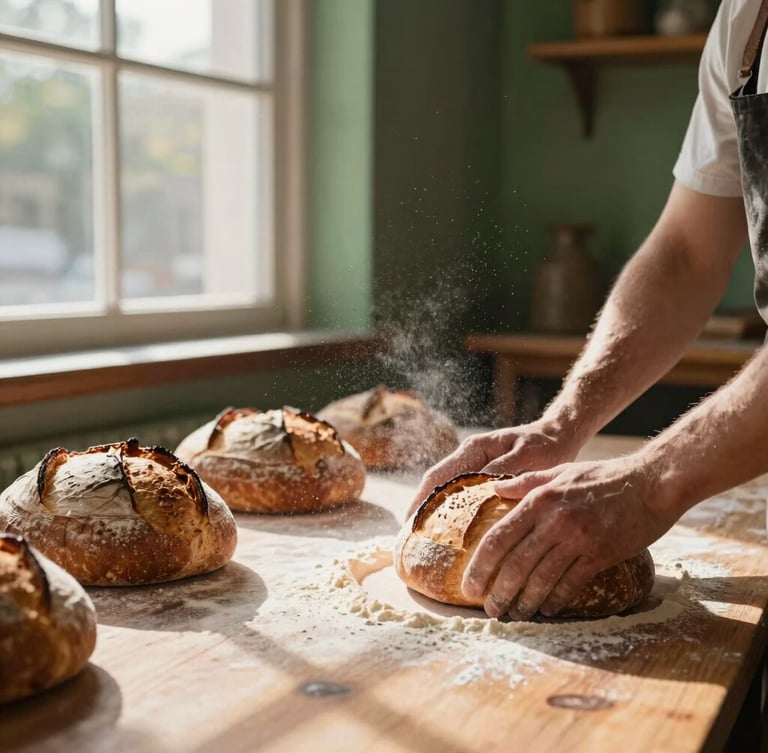 A warm, natural-lit bakery interior at dawn, flour dust floating in the air, a baker shaping sourdough loaves on a heavy wooden table, soft shadows