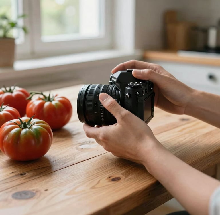 Close-up of hands holding a camera over a rustic wooden table with fresh heirloom tomatoes, soft natural window light, scandinavian kitchen background