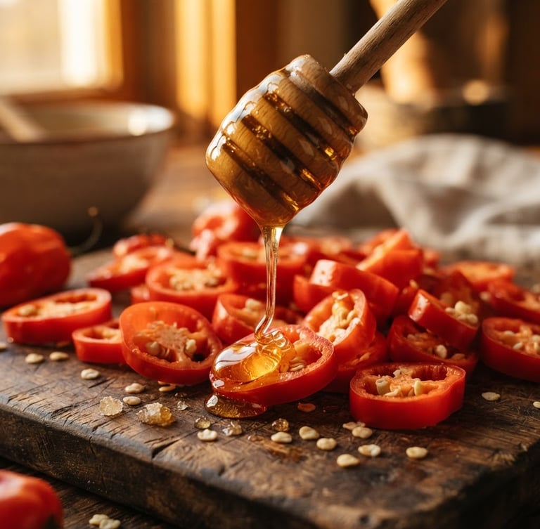 Macro close-up of thick golden honey dripping slowly from a wooden dipper over fresh, sliced red habanero peppers on a rustic dark wood surface, warm low-angle golden-hour sunlight casting long shadows, rich amber and terracotta tones, shallow depth of field