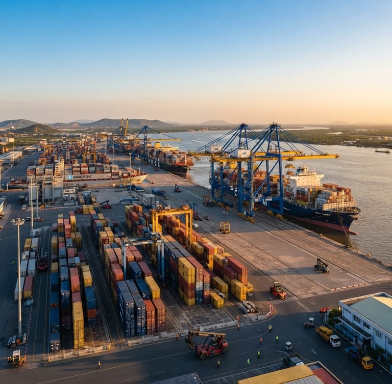 Wide panoramic shot of a modern, bustling container port in Vietnam at golden hour, with large cargo ships and cranes, clear blue sky, architectural framing, bright natural daylight, deep navy and warm gold tones, sharp focus, 35mm.