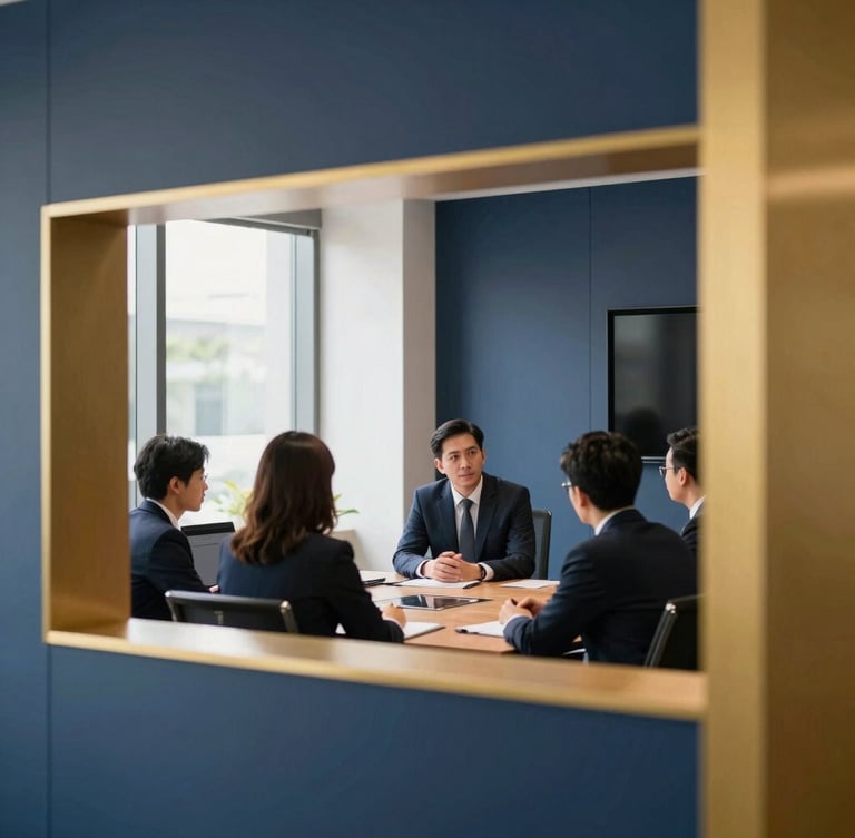 Professional collaboration in a modern Vietnamese corporate boardroom, natural light, focused discussion, architectural framing, deep navy and warm gold tones.