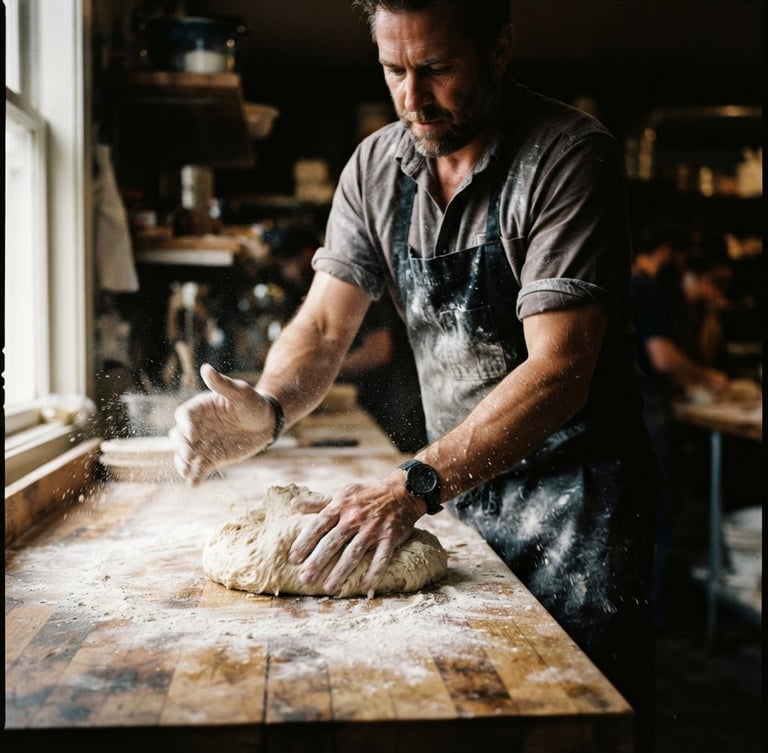 High-contrast, gritty editorial photograph of a chef in mid-motion, hands kneading dough on a rustic wooden table, flour dust in the air, natural light with deep shadows, shallow depth of field.
