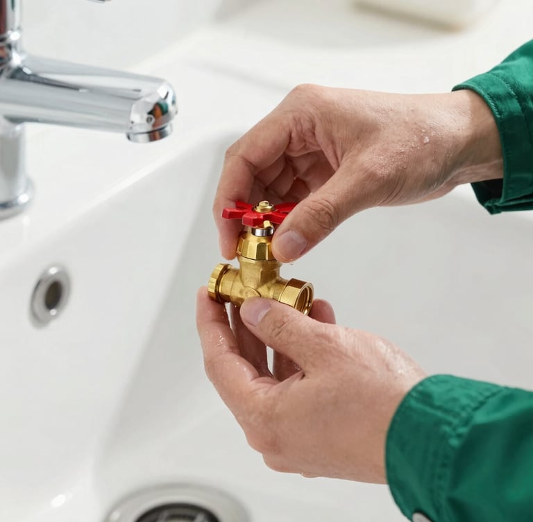 Clean hands of a technician adjusting a modern brass water valve under a sink, bright natural indoor lighting, premium craftsmanship, clean professional photography, deep green and white accents, sharp focus, 35mm