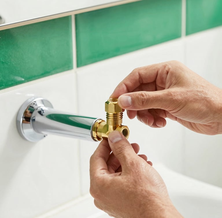 Modern brass bathroom fixtures close-up, clean hands of a professional plumber carefully tightening a connection, bright natural light, crisp green and white background, sharp focus