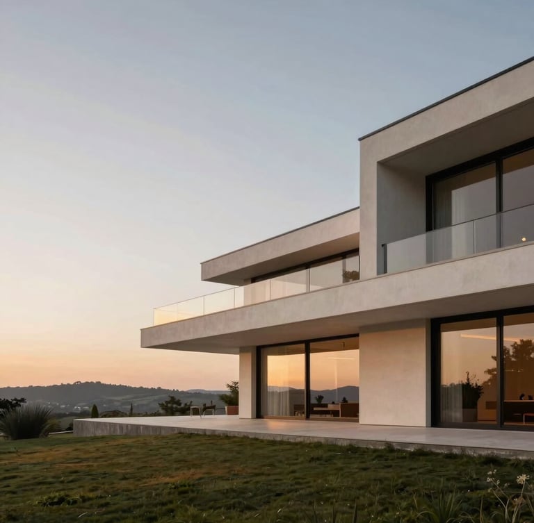 Wide panoramic architectural shot of a modern minimalist luxury villa in the Buda hills during golden hour, soft warm lighting, negative space on the left, 35mm lens