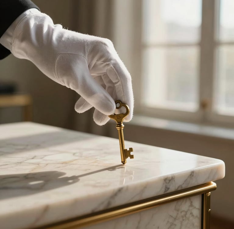 Extreme close-up of a hand in a soft white glove placing a heavy, elegant brass key onto a polished marble console table, warm morning light streaming through a tall window, soft shadow, ultra-premium editorial photography.