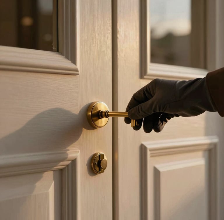 Close-up editorial architectural shot of premium materials, a hand in a soft dark glove turning a solid brass key in a heavy wooden villa door, warm golden hour lighting, cinematic