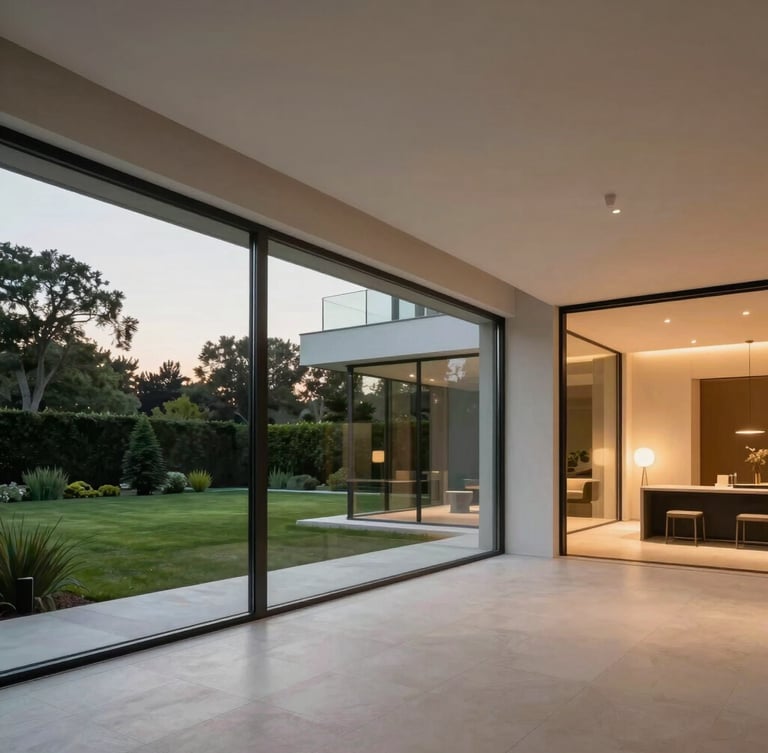 Wide shot of a minimalist luxury villa interior in Buda, large glass surfaces showing a manicured green garden, soft twilight lighting, warm interior lamps glow, high-end architecture.