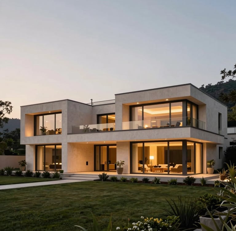 Wide panoramic shot of a modern luxury villa in the Buda hills at twilight, warm ambient lights glowing from large glass windows, manicured garden in the foreground, clean architectural lines, high-end editorial style