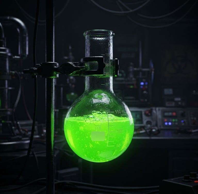 Macro close-up of a glowing glass chemistry flask containing neon radioactive green liquid, digital UI elements overlaid, dark futuristic laboratory environment, dramatic low-key lighting