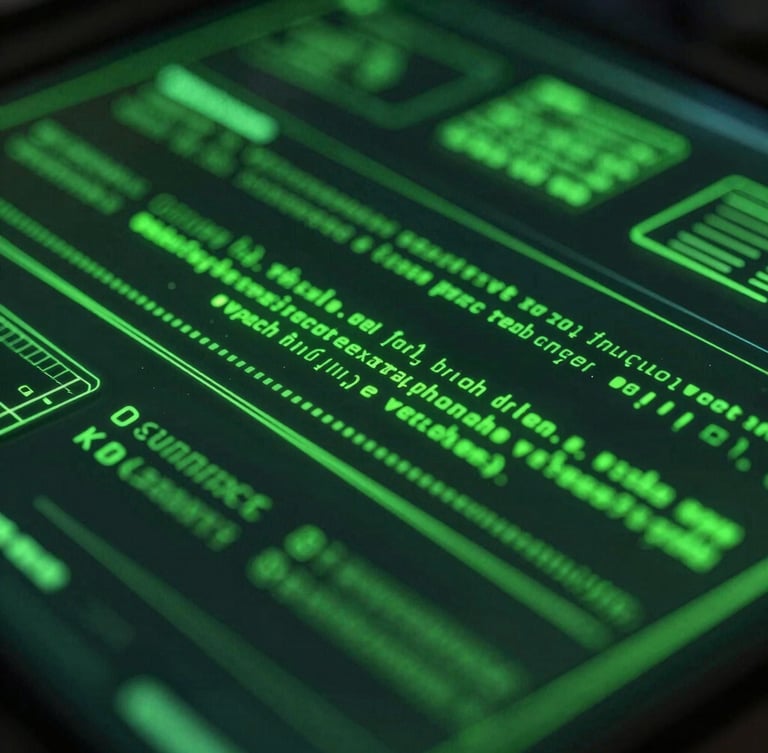 Macro close-up of a dark glassmorphic digital interface with sharp neon green glowing data lines, holographic screens, and glowing terminal code, low-key lighting, depth of field