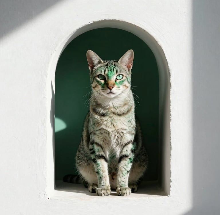 Editorial portrait of an elegant Arabian Mau cat sitting in a sunlit architectural alcove, natural morning daylight, soft shadows, 50mm lens, deep forest green accents