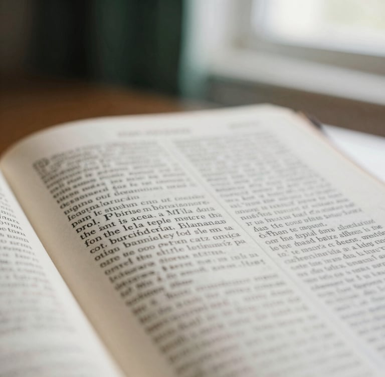 Close-up macro shot of a Spanish Bible page, elegant serif typography, soft morning light, shallow depth of field