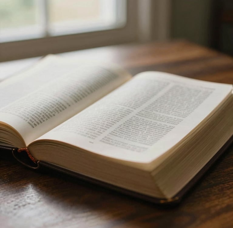 Close-up macro shot of an open leather-bound Bible on a dark wooden desk, warm window light illuminating the textured paper, shallow depth of field