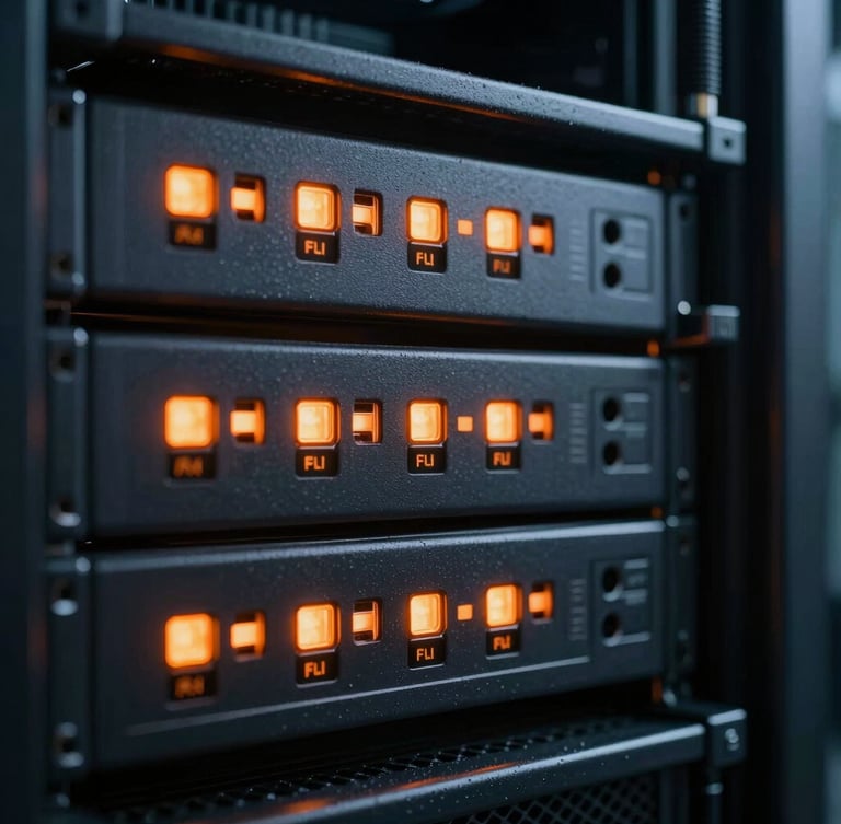 Macro high-contrast shot of a clean server rack status indicator glowing safety orange in a dark, cool-toned data center environment.