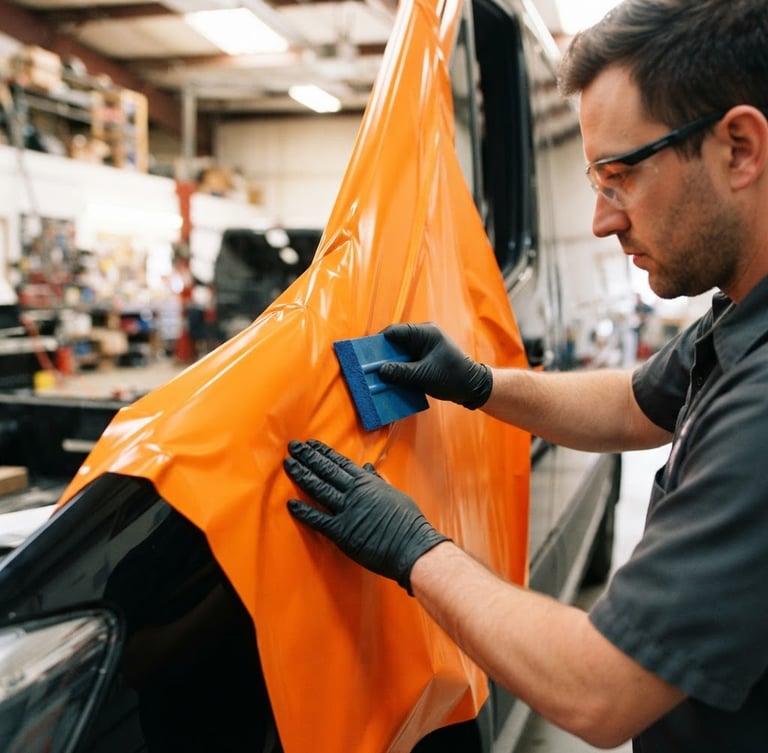 Close-up of a technician applying a vibrant orange vinyl wrap to a clean black transport vehicle, squeegee in hand, bright workshop light, sharp detail, 35mm
