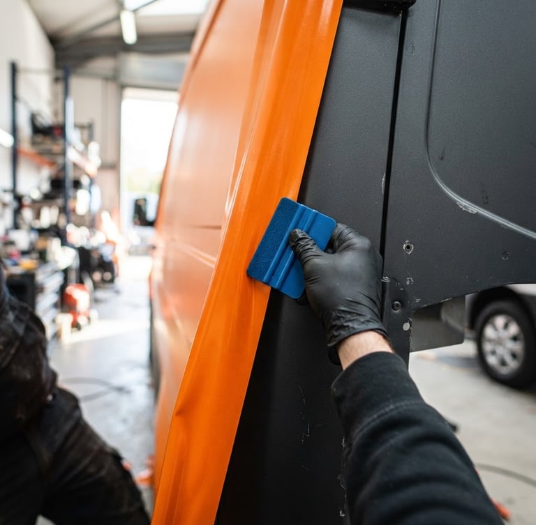 Close-up of a technician applying a high-durability vibrant orange vinyl wrap to a commercial fleet vehicle, matte charcoal background, squeegee in hand, sharp focus on vinyl edge, bright workshop light.