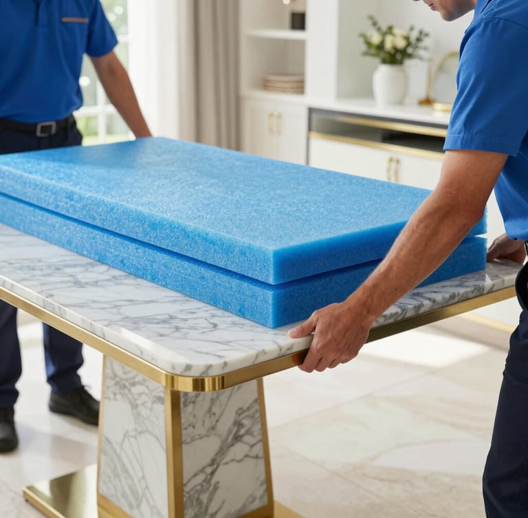 Close-up of professional uniformed movers carefully wrapping a heavy marble table in blue protective foam, bright indoor villa lighting, sharp focus