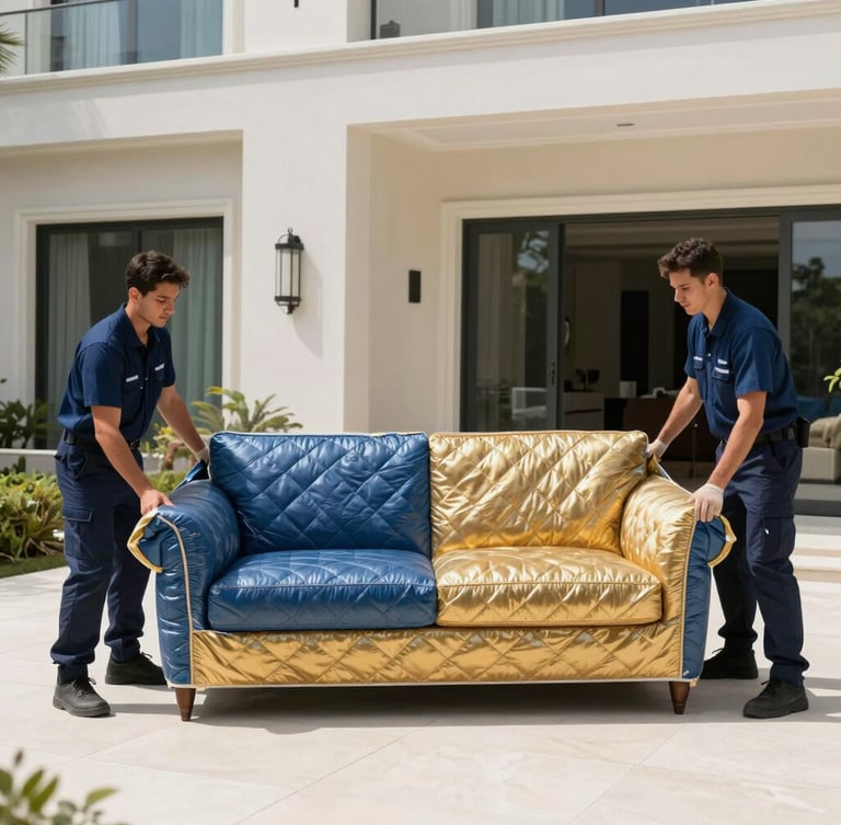 Uniformed professional movers carefully wrapping a high-end sofa in protective blue and gold quilted moving blankets inside a bright, premium Dubai villa, 35mm