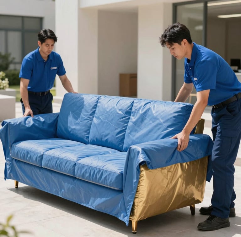 Medium shot of professional uniformed movers carefully wrapping a high-end sofa in protective blue blankets, bright midday daylight, crisp focus, 35mm