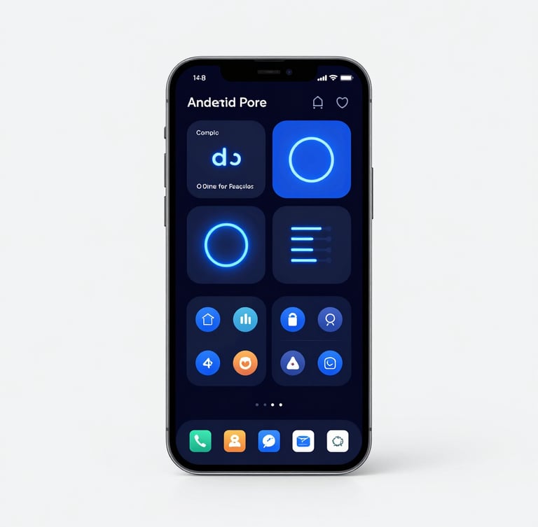 Front-facing flat-lay of a high-fidelity Android device mockup displaying a crisp dark-mode utility interface with electric blue neon accents under clean studio lighting.