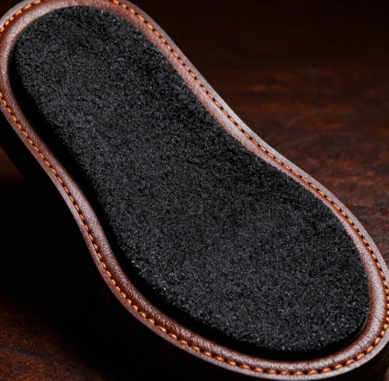 Extreme close-up, low-angle shot of a Xenthorix jutti, showcasing the double-padded memory foam insole and the rich texture of genuine handcrafted leather, dramatic studio lighting with warm highlights.