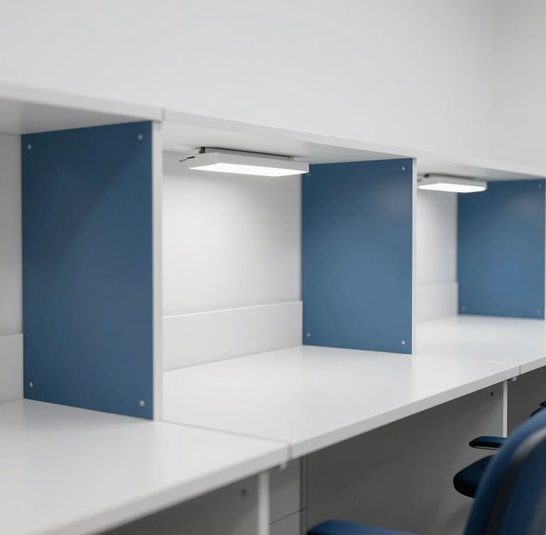 Clean architectural photography of pristine empty study desks with modern task lamps, bright neutral daylight, cool white and deep blue tones, sharp focus, 35mm lens