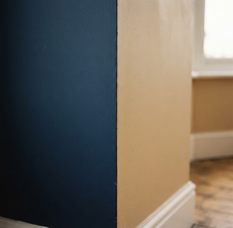 Vue macro d'un coin de mur fraîchement peint avec une ligne de démarcation parfaite, lumière naturelle côtière douce, tons bleu marine et sable, 35mm lens, architectural detail.