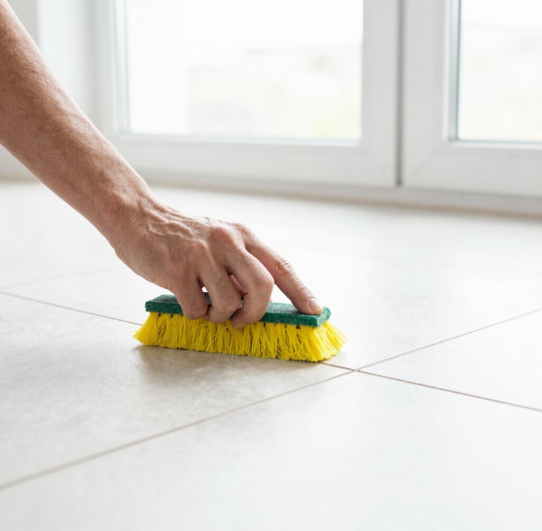 Close-up of a professional cleaner meticulously scrubbing grout lines in a tiled floor with eco-friendly tools, bright natural light