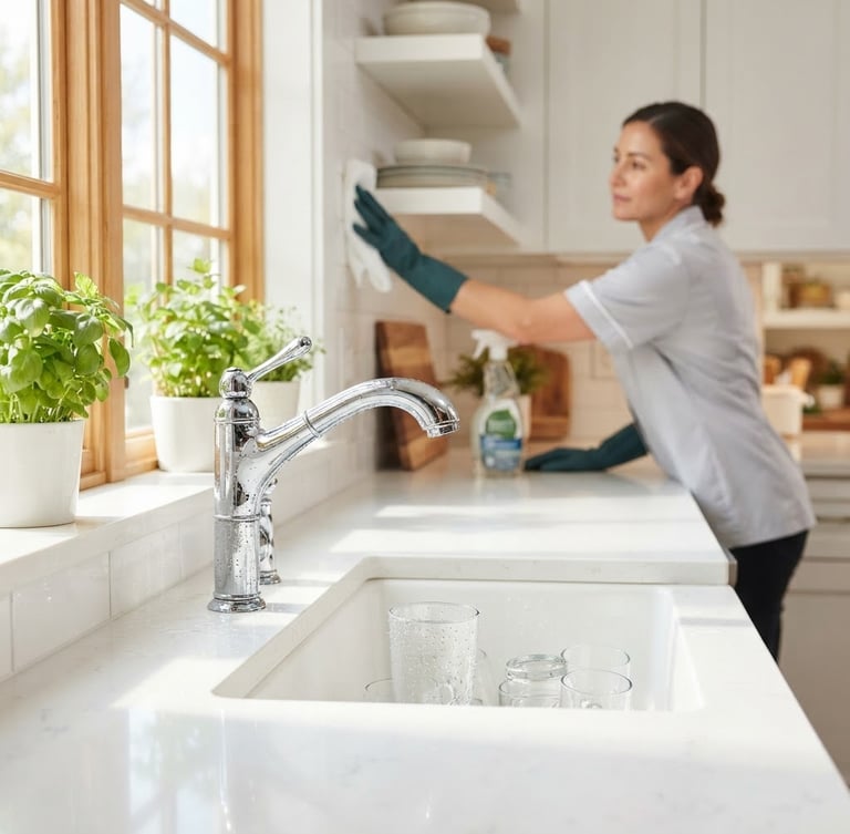 Bright, sunlit modern kitchen, sparkling chrome faucet, clean white countertops, water beading on glass, professional cleaner's gloved hand wiping a surface in the background, high-key natural daylight, crisp focus.