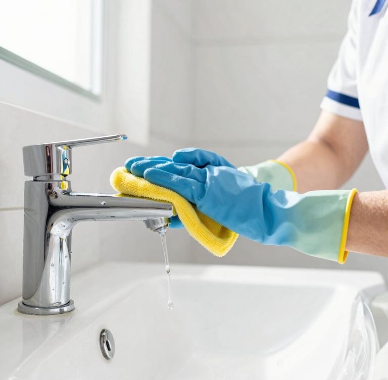Close-up of a professional cleaner in a neat uniform, wearing gloves, carefully wiping a sparkling chrome faucet in a sunlit modern bathroom, water beads visible, high-key natural light, crisp focus