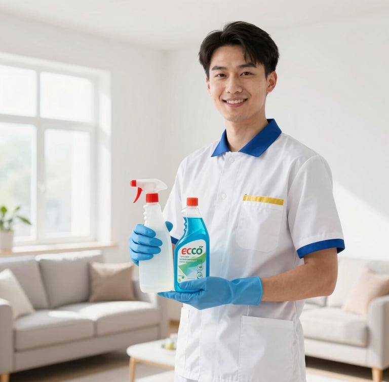 Professional cleaner in a neat uniform, smiling confidently, holding eco-friendly cleaning supplies, standing in a bright, sun-drenched modern living room, soft focus on background, portrait aspect.