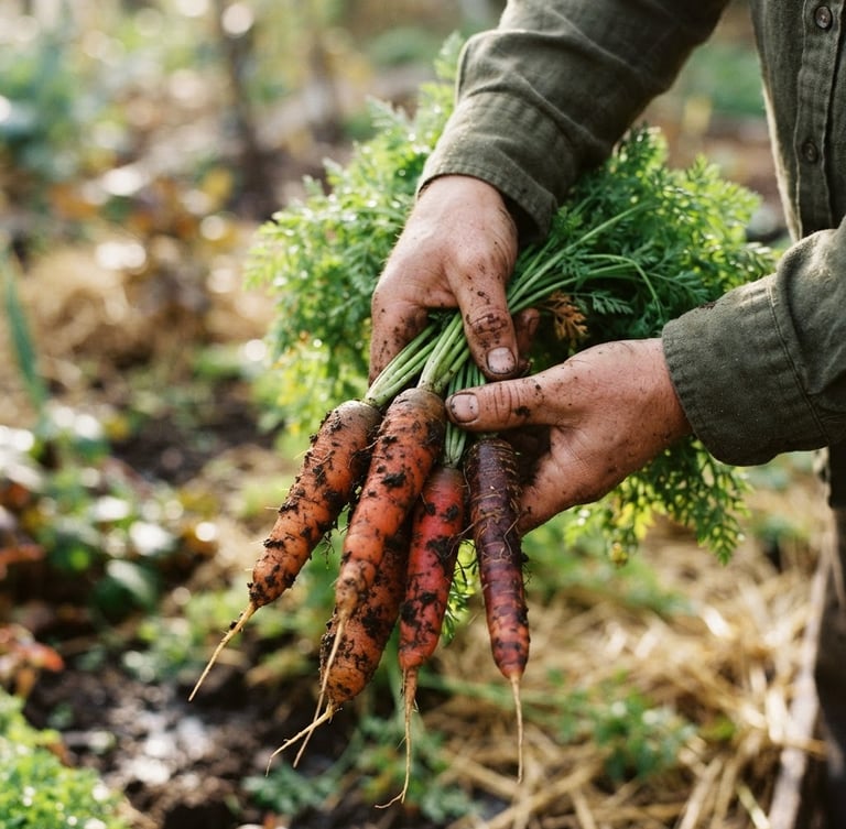 Close-up of dirty hands holding freshly harvested heirloom carrots with green tops, soft morning light, rich soil textures, shallow depth of field, 35mm photography