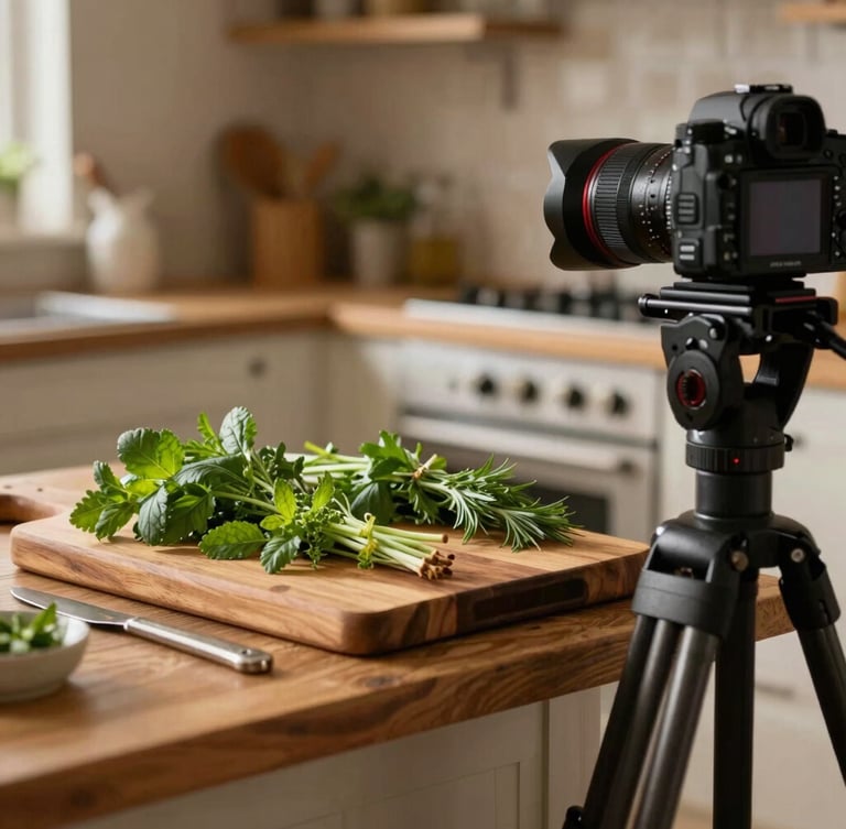 Candid behind-the-scenes shot of a professional camera setup on a tripod in a rustic kitchen, focusing on fresh herbs on a wooden cutting board, warm side-lighting, 35mm.