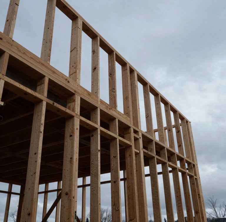 Low-angle heroic shot of a residential timber frame under construction, raw wooden beams silhouetted against a cold overcast Belleville morning sky, high-contrast industrial tones.