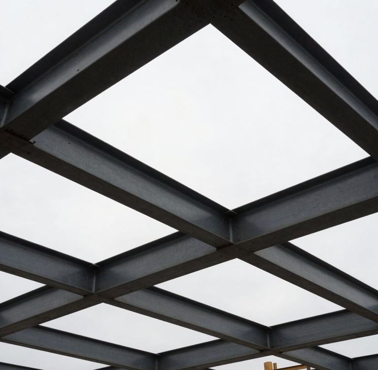 Low-angle heroic shot of an active construction site in Belleville, steel beams framing an overcast sky, high-contrast industrial shadows, 35mm lens.