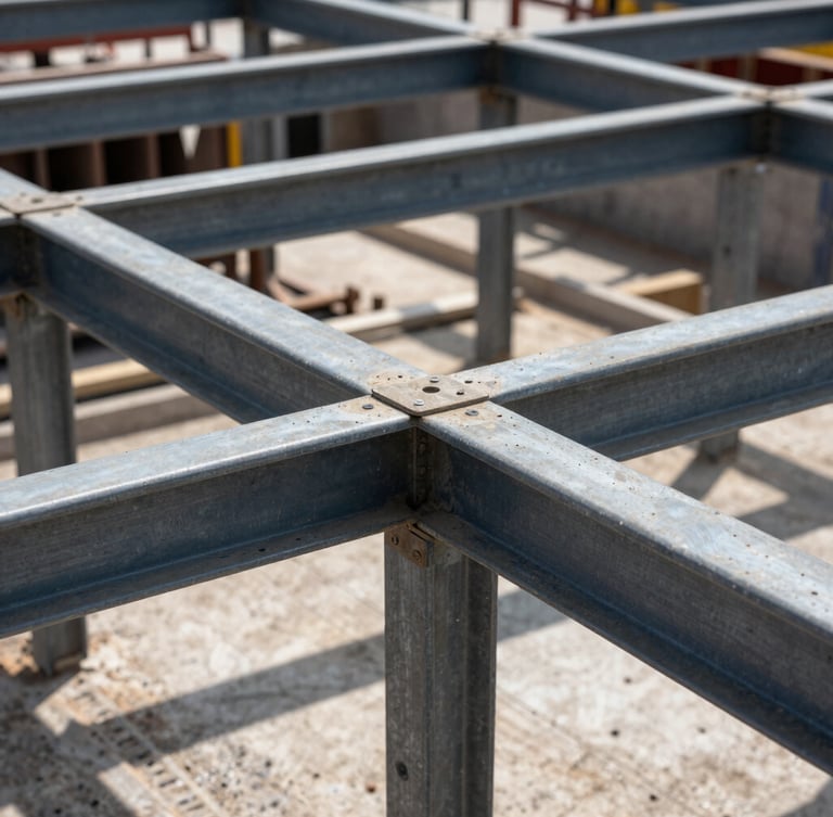 A close-up gritty shot of a structural steel frame being erected on a Belleville job site, harsh daylight casting deep shadows on the raw metal joists, 35mm lens