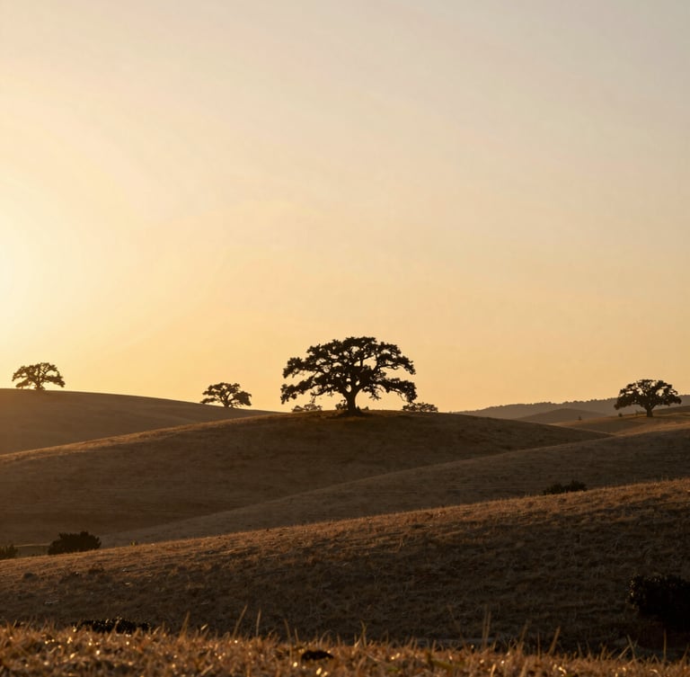 Wide environmental landscape of rolling hills at golden hour, silhouetted oak trees against a warm sunset sky, peaceful natural horizon with soft warm light, shallow depth of field