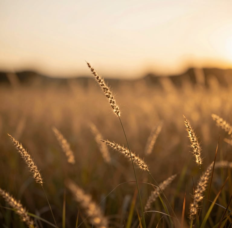 Close-up of wild grass glowing in soft sunset gold, shallow depth of field, warm serene editorial photography.