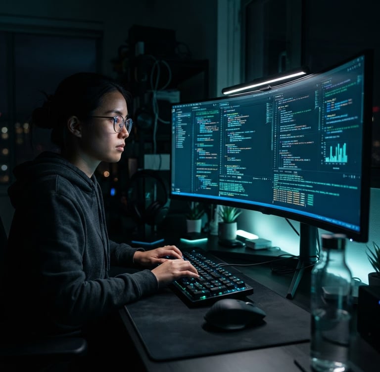 Sleek dark-mode tech photography, glowing screen reflections of an AI coding interface, neon blue and green accents, macro depth of field, an individual focused on a monitor in a dimly lit home workspace, off-center to the left, panoramic 21:9 frame.